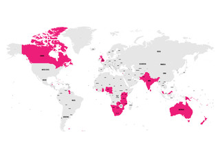 Member states of the British Commonwealth pink highlighted in the world map. Vector illustration.