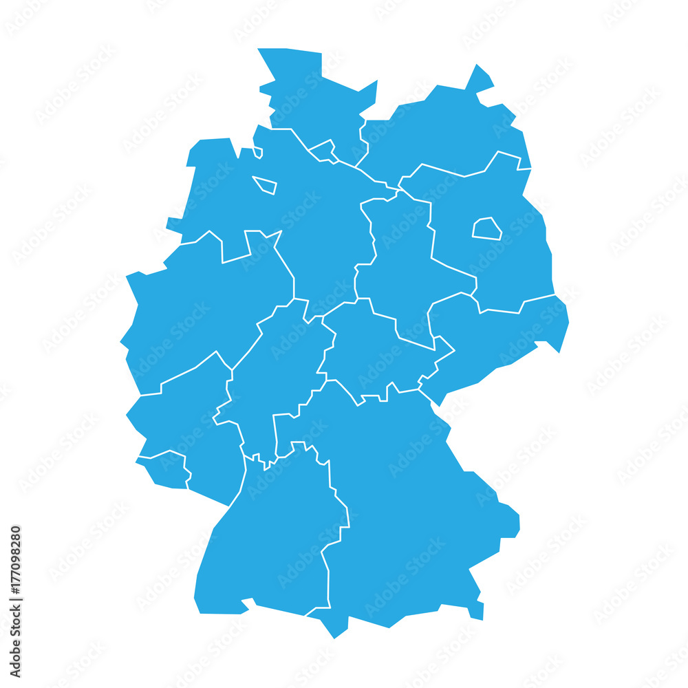 Poster Map of Germany devided to 13 federal states and 3 city-states - Berlin, Bremen and Hamburg. Simple flat blank blue vector map silhouette.