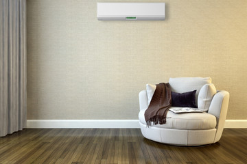 Modern bright living room with air conditioning, 3D rendering illustration