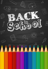 Back to school background with doodle elements on chalkboard and colorful pencils