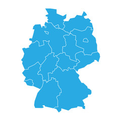 Map of Germany devided to 13 federal states and 3 city-states - Berlin, Bremen and Hamburg. Simple flat blank blue vector map silhouette.