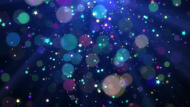 Christmas background motion graphics footage (blue theme), with colorful glittering particles snowflake, star falling and shine lights, looped.
