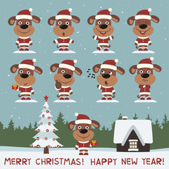Merry christmas and happy new year! Set of puppy dog in christmas suit in different poses on background snowflakes. Collection of puppy dog in cartoon style for christmas design.