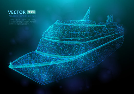 Abstract polygonal marine ship or boat with texture of starry sky. Vector illustration consisting of polygons, points and lines isolated on dark blue background
