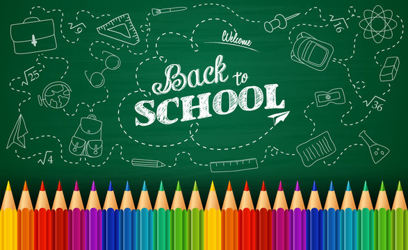 Welcome back to school background with doodle elements on chalkboard and colorful pencils
