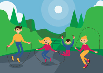 Horizontal illustration with family skipping rope in summer park. Dad, mom and happy kids jumping