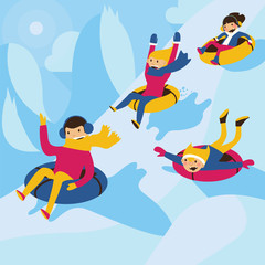 Square vector illustration. Happy family tubing down the hill. Excited mom and dad, lovely kids.