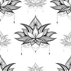Indian seamless pattern consisting of hand drawn lotus flowers. Vector illustration.