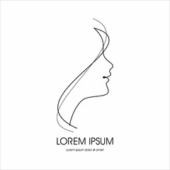 Face of pretty girl with stylish hairstyle. Woman's head in circle. Elements of design of cosmetic products logo. Print with gold foil on a black background. Vector illustration. Modern linear style.