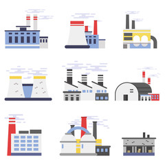 Industrial factory buildings set, power and chemical plant vector illustrations