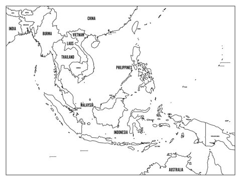 South East Asia political map. Black outline on white background with black country name labels. Simple flat vector illustration.