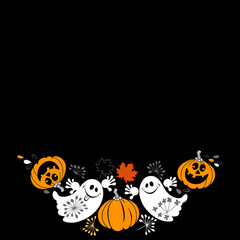  Halloween background with funny ghosts and pumpkins. Vector illustration with place for text on black background. Can be greeting card, invitation or design element.