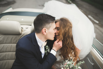 Happy bride and groom posing after wedding ceremony