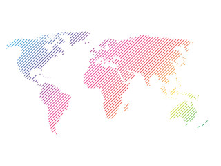 Obraz premium Hatched map of world in rainbow spectrum colors. Striped design vector illustration on white background.