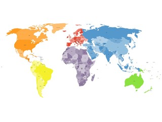 Colored political world map with names of sovereign countries and larger dependent territories. Different colors for each continent. South Sudan included.