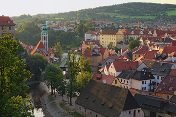 Beautiful view to the tower, Vltava River and old town of Cesky Krumlov in a early morning. Czech Republic