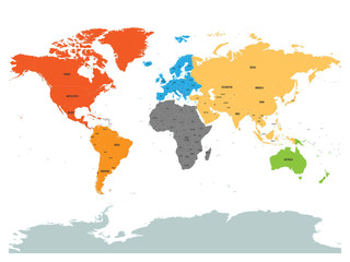 Fototapeta premium Political map of world with Antarctica. Continents in different colors on white background. Black labels with states and significant dependent territories names. High detail vector illustration.