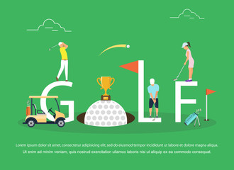 Vector illustration of young people playing Golf. - obrazy, fototapety, plakaty
