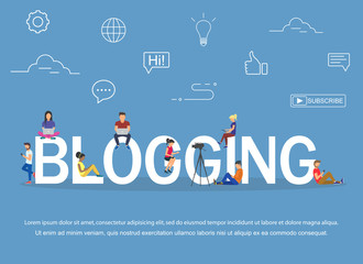 Blogging concept of young people using laptops and tablets for reading blogs and websites.