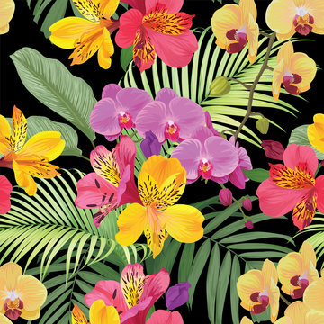 Tropical alstroemeria lily and orchid flowers seamless pattern with leaf on black background. Vector set of exotic tropical garden for wedding invitations, greeting card and fashion design. 