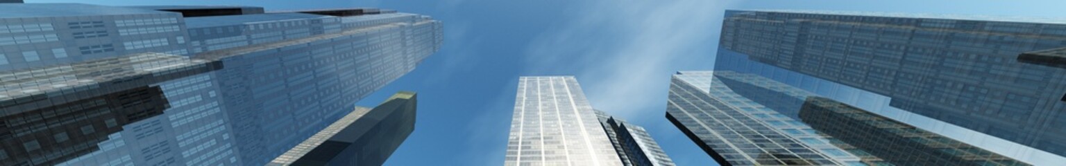 Plakat Skyscrapers. A view from below on a modern building against the sky with clouds. banner. 3D rendering 