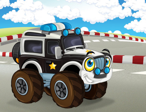 cartoon scene with happy smiling monster truck on the finish line illustration for the children 