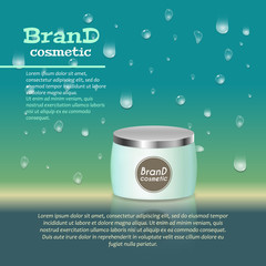 3D realistic cosmetic bottle ads template. Cosmetic brand advertising concept design with water bubbles and waterdrops background