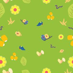 Seamless pattern of cute parrots seeds grain flower and leaf on green background.