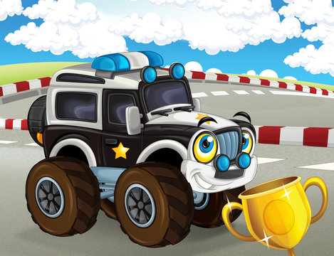 cartoon scene with happy smiling police monster truck on the race truck illustration for children 