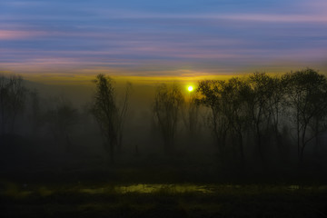 Naklejka na ściany i meble Sunrise and fog in the countryside.