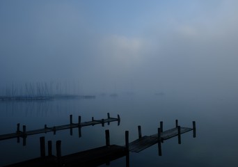 foggy morning landscape scenics sailing boat early lake