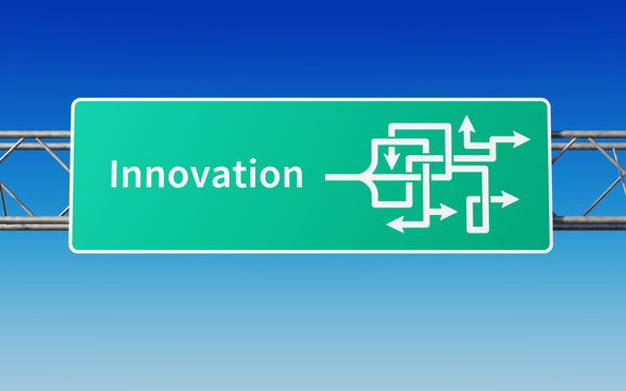 Road sign with multiple paths to innovation