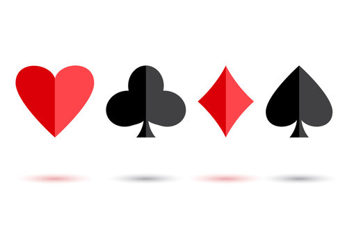 Red and black poker card suits: hearts, clubs, spades and diamonds with colored shadow on white background. Vector illustration