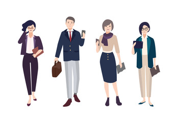 Collection of people dressed in smart clothing. Set of male and female clerks or office workers. Bundle of men and women wearing business clothes with gadgets. artoon characters. Vector illustration.