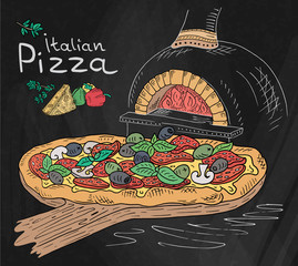 Beautiful illustration of Italian Pizza on the Cutting Board in the oven on the Chalkboard background - 177104491