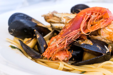 Pasta with Shrimp Dinner Dish on a the table