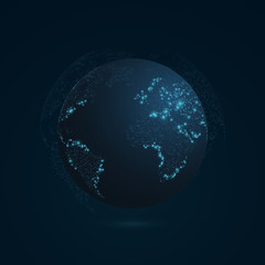 Abstract planet on a dark blue background. Earth. World map. Blue light. Sci-fi and hi-tech. Highlighted cities. Map of points. The world population. World Network. Vector illustration