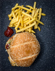 Obraz na płótnie Canvas Cheese burger - American cheese burger with Golden French fries