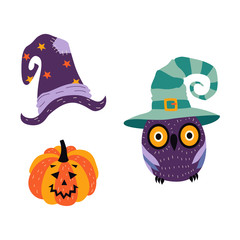 vector flat cartoon halloween autumn holiday symbols set. Pumpkin or Jack O'Lantern with smiling emotion, magic witch hat and owl in hat . Isolated illustration on a white background.
