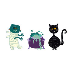 vector flat cartoon halloween autumn holiday symbols set. Black funny cat, zombie and witch cauldron, pot or bowl with magic brew. Isolated illustration on a white background.
