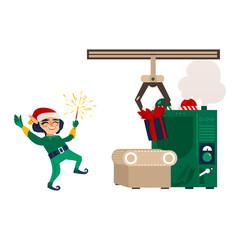 vector flat cartoon christmas elf boy dancing or jumping smiling raising hands up with sparkler in christmas santa hat near gift factory machine conveyor. Isolated illustration on a white background