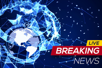 Breaking News Banner on Blue Glowing Plexus Structure Background with Earth Planet America Flares, Particles. World News on Abstract Geometric Network with American map. Technology Vector Illustration