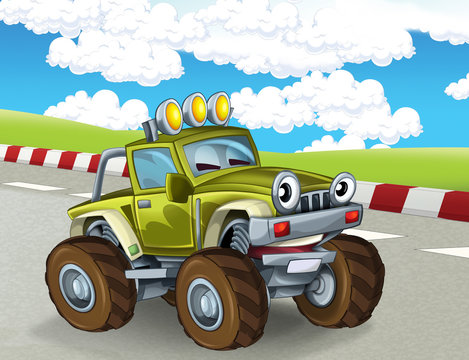 cartoon scene with happy smiling monster truck on the race track illustration for the children 