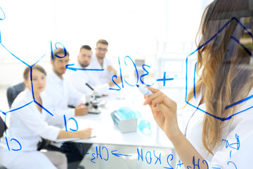 female scientist makes a report to colleagues