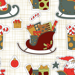 Cartoon set of Christmas stickers. Gifts in a sleigh, reindeer and candy.