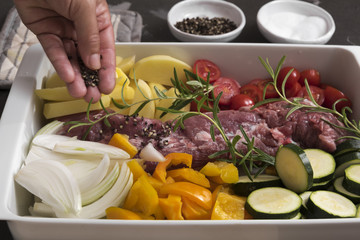 Schweinefilet und Ofengemüse roh