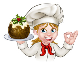 Woman Chef Holding Christmas Pudding