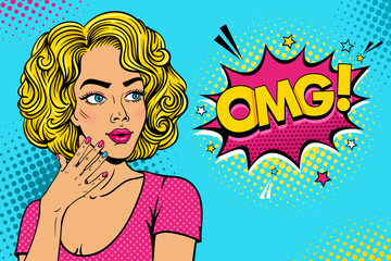 Wow female face. Sexy surprised young woman with open mouth and pink curly hair rising her hand and OMG speech bubble. Vector colorful background in pop art retro comic style. Party invitation poster. - obrazy, fototapety, plakaty