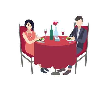 Pair of male and female cartoon characters dressed in elegant clothing sitting at table and eating delicious meals