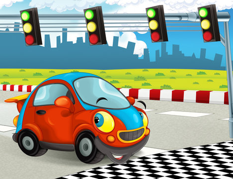 cartoon scene with happy smiling racing car on the finish line illustration for the children © honeyflavour